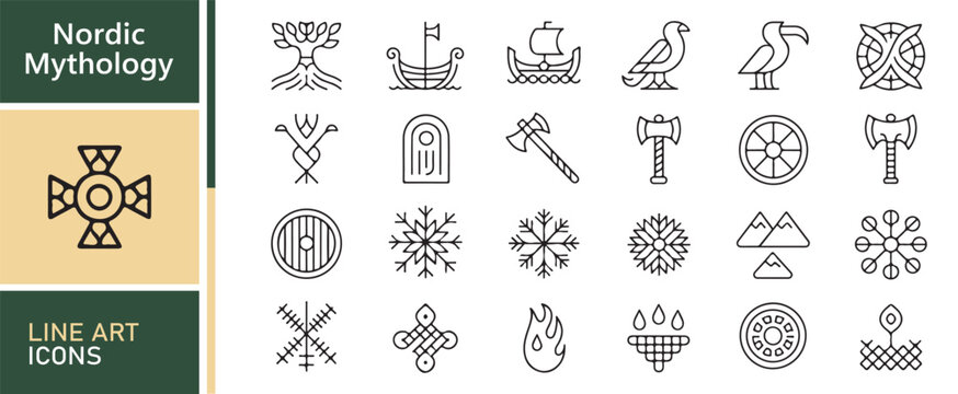 Norse Mythology Line Art Icons Featuring Thor Hammer Yggdrasil and Valknut Symbols