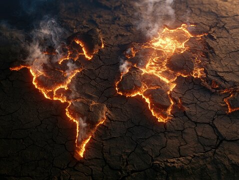 World map cracks open, revealing glowing magma and billowing smoke