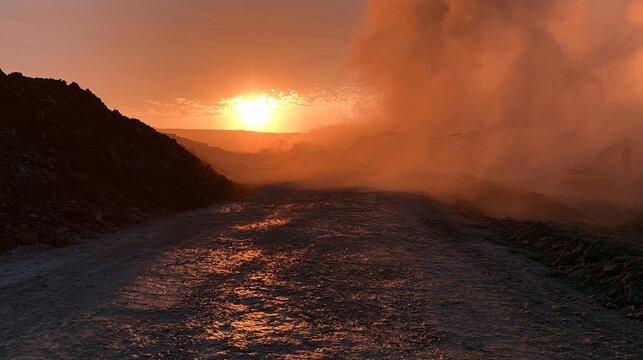 Golden sunset casts a warm glow over a dusty construction road