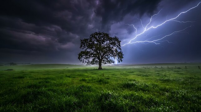 Majestic lone tree struck by lightning during stormy night. Dramatic nature scene with thunderstorm energy and vivid sky.
