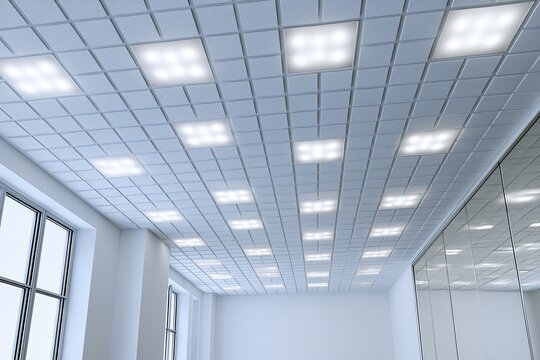 A modern, grid-like ceiling with bright, square panel lights, reflecting in a glass wall