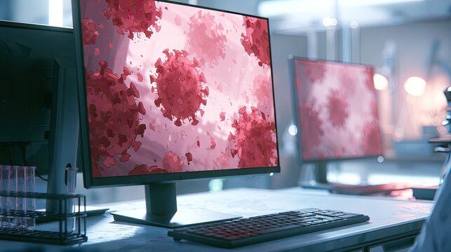 Computer monitors display magnified virus images in a modern research lab