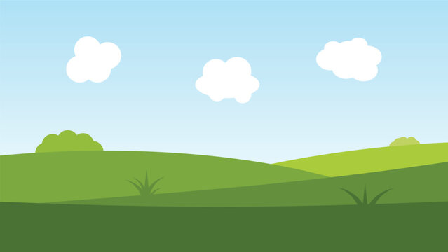 landscape cartoon background with green field and white fluffy cloud 