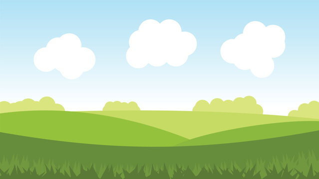 landscape cartoon scene background. green field with tree and blue sky