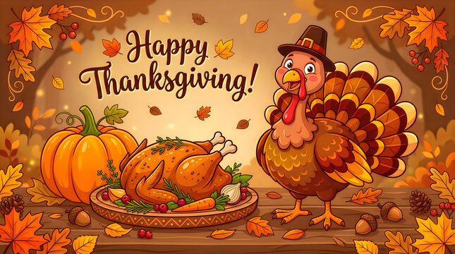 Happy Thanksgiving turkey dinner celebration with autumn harvest. 