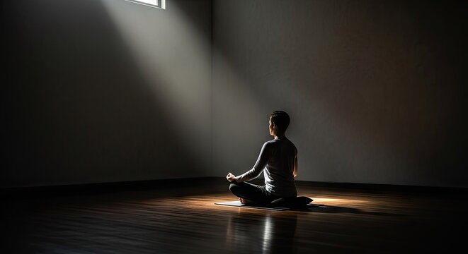 Man meditating in dark room with single sunbeam.