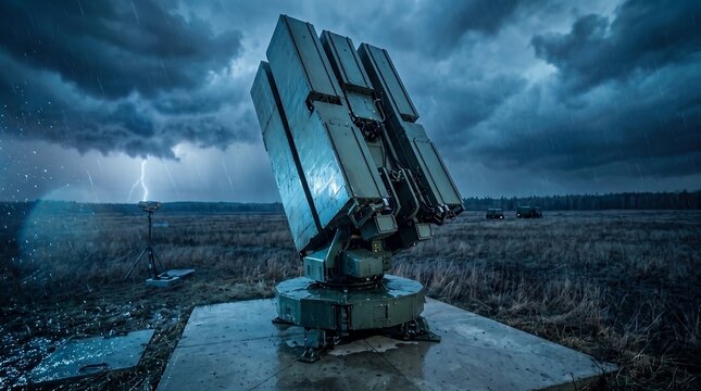 Modern phased array radar system operating during a severe thunderstorm with lightning, showcasing resilient air defense, weather resistant surveillance and advanced military detection technology