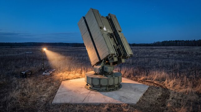 Advanced phased array radar system deployed in an open field at blue hour for long range air surveillance, missile detection, aerospace defense, military monitoring and national security operations