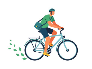 Fototapeta premium Flat vector illustration of a cyclist riding a bicycle with a backpack, promoting eco friendly commuting, active lifestyle, and sustainable urban transportation.