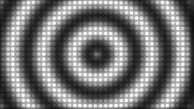 Radial Halftone Pulse Animation: Seamless Looping Sonar Ping Dot Grid on Black Background, Glowing White Concentric Rings Heartbeat Wave Effect