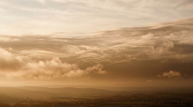Wispy golden sunset clouds drift gently over a vast hazy landscape under a warm glowing sky captured with a soft focus tilt shift lens effect