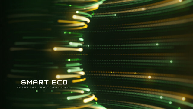 Premium Green Gold Glowing Dot Particle Line Abstract Background Shows Smart Eco Technology For Modern Digital Environment Power Network Futuristic Innovation.