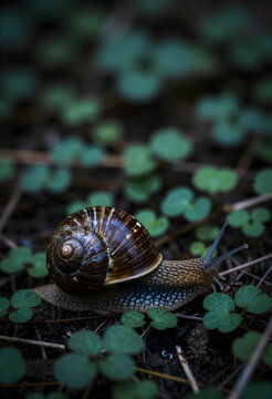 Close-up of a snail on forest floor with green leaves