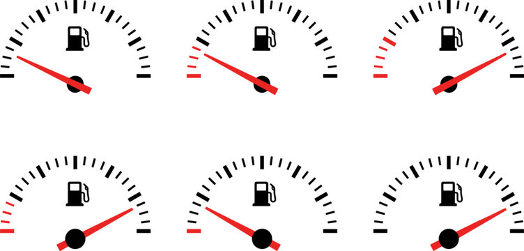 Set of minimalist automotive fuel gauge vector icons showing empty to full gas tank levels for dashboard interfaces
