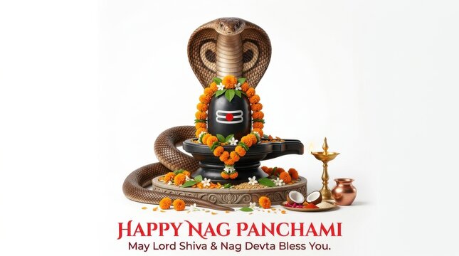Lord Shiva Lingam for Nag Panchami festival. Hindu religious worship with cobra and flowers.