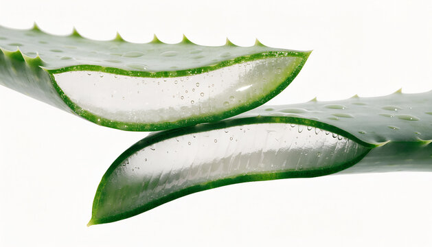 Close-up macro of fresh aloe vera plant leaves sliced open showing clear moisturizing gel texture on white background symbolizing natural skincare and healing.