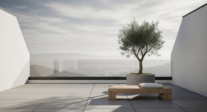Rooftop terrace with olive tree and wooden bench.
