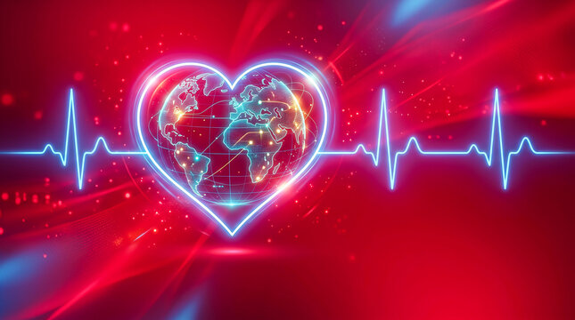 Glowing heart shape with world map and pulse line