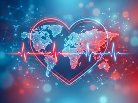 World map inside a glowing neon heart shape with heartbeat