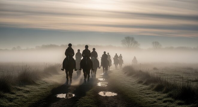 Silhouette of riders on horses in morning fog.