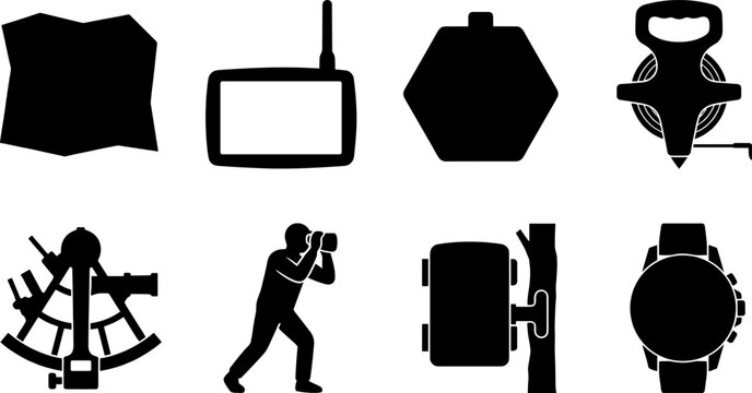 Set of professional surveying, mapping, and exploration icons featuring navigational tools, measuring equipment, observation gear, and field survey symbols for technical design