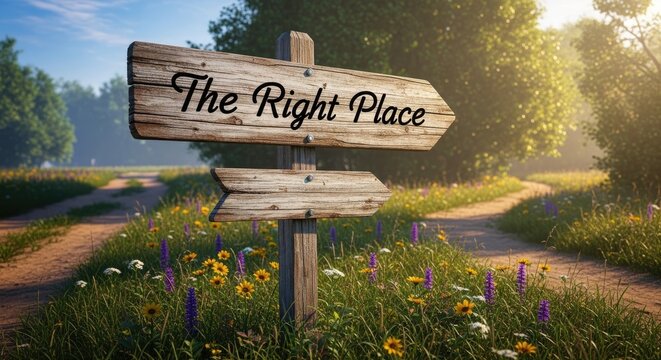 Wooden signpost with The Right Place text in sunny meadow.