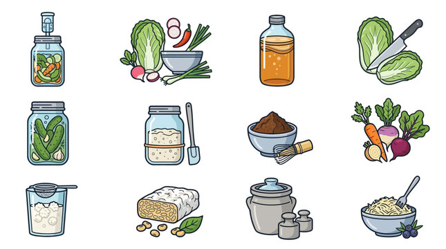 Professional Illustrated Collection of Homemade Preserved Foods Fermented Ingredients and Cooking Essentials in Colorful Mason Jars and Bowls