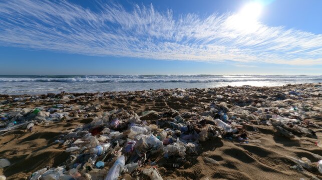 Sunlit beach choked with plastic debris, waves lapping at polluted shore