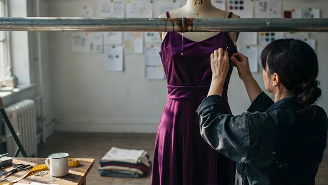 Tailor Sewing and Fitting Woman Adjusting Dress on Dress Form in Workshop