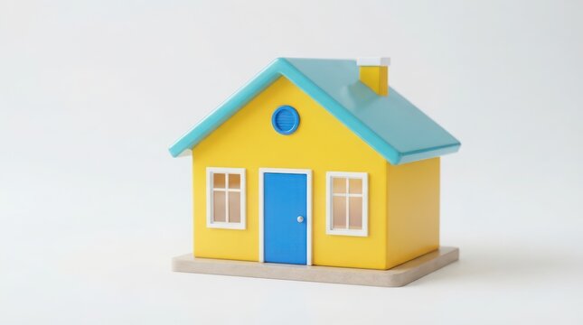 A charming miniature house model with a vibrant yellow facade and bright bl