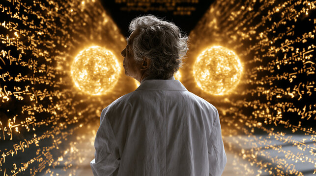 An elderly Chinese scientist stands at the center of the frame with their back to the camera, sporting graying hair and a white lab coat. Flanking them, glowing mathematical and ph