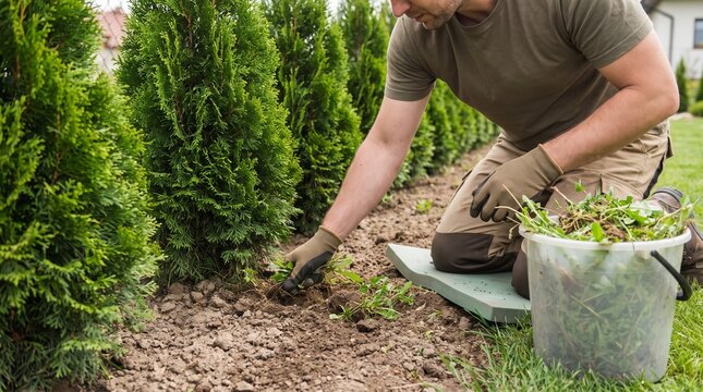 Gardener removing weeds around arborvitae hedge in landscaped garden