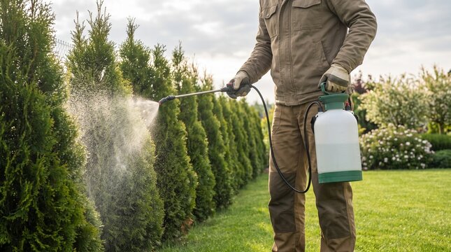 Gardener spraying evergreen hedge for pest and disease control