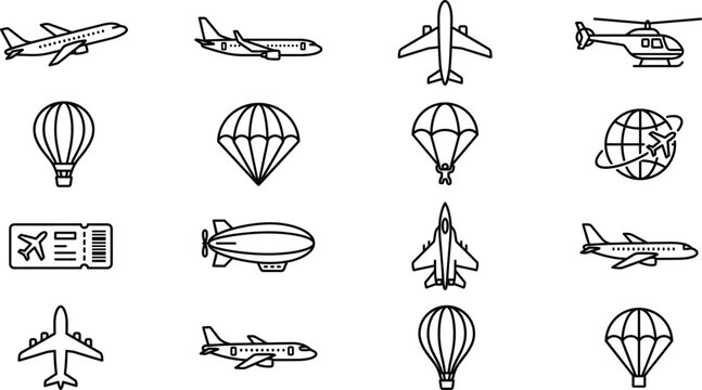 Aviation and air travel transport line icons set featuring airplanes helicopter parachute hot air balloon travel symbols