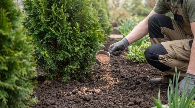 Gardener applying granular fertilizer to evergreen hedge in garden