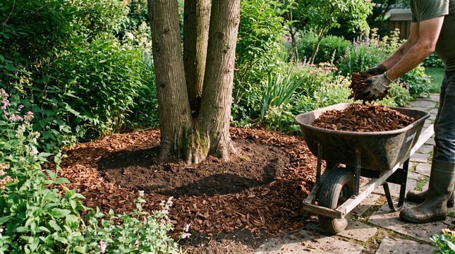 Gardener spreading bark mulch around tree in landscaped garden
