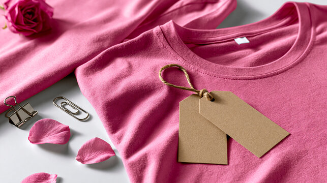 Premium retail marketing visual of a pink merchandise sale. A top-down view of a designer's flat lay layout on a clean white desk. Features unlabelled pink event t-shirts, blank kr