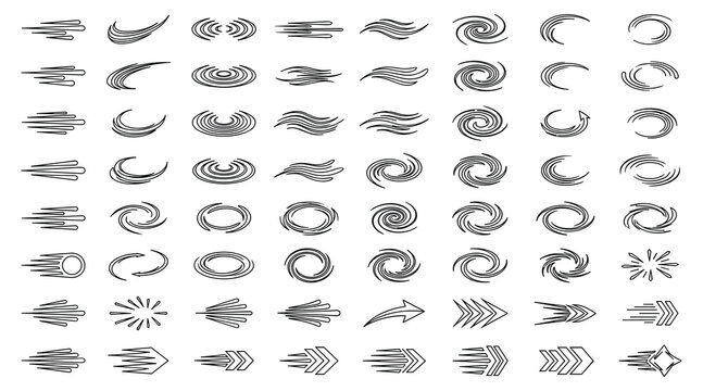 Speed motion lines set with spiral swirl swoosh arrow dynamic line art vector illustration collection
