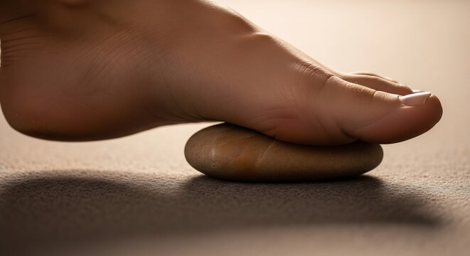 Close up of a human foot resting gently on a smooth natural river stone