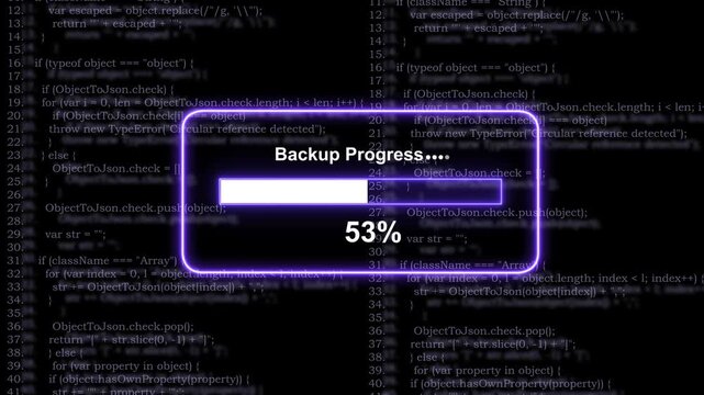 Dynamic digital backup progress bar loading animation overlaid on scrolling javascript source code background, for software development, data processing, cyber, security, and high-tech computing