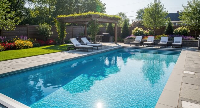 Luxurious backyard swimming pool with lounge chairs and pergola.