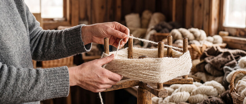 Hands winding natural wool yarn on a niddy noddy in rustic handcraft workshop with skeins