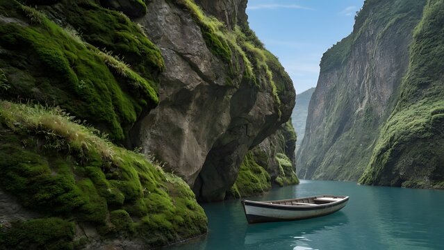 a boat floating on turquoise water between lush canyon cliffs under a clear blue sky, moisture-dependent moss communities occupying shaded stone surfaces and revealing fine-scale humidity variation, d