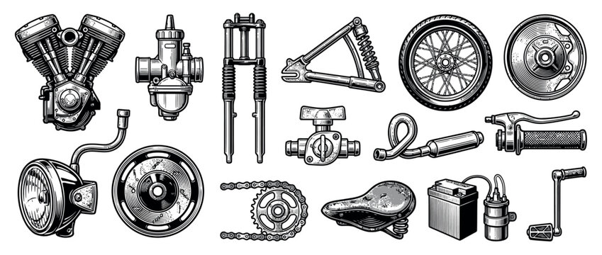 Motorcycle mechanical components and assembly parts for vehicle maintenance and custom garage restoration projects