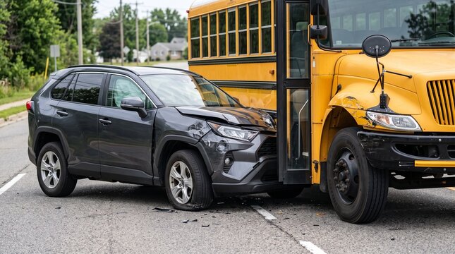Car crash accident with school bus on highway. Front-end collision damage between SUV and yellow transport vehicle during daytime.