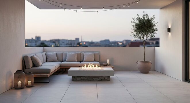 Modern balcony terrace with fire pit and sofa.