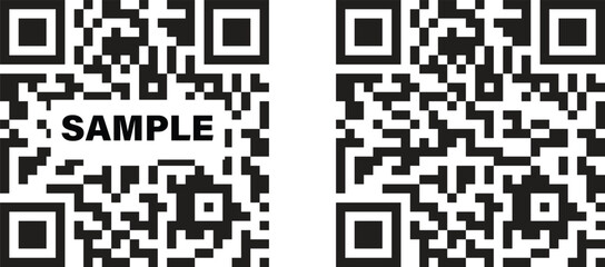 Fototapeta premium QR code scan icons set for mobile digital payment, quick response barcode frame signs with sample text, smartphone scanning technology vector illustration, contactless data transfer collection
