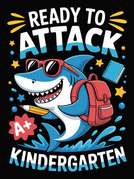A cartoon shark with sunglasses and a red backpack stands confidently. Surrounded by colorful stars, it symbolizes excitement for school.
