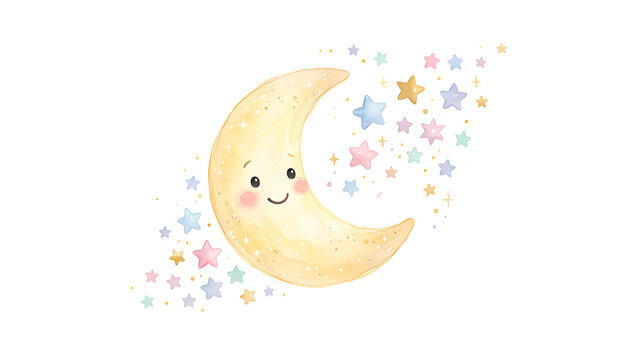 Cute smiling crescent moon with tiny stars, dreamy children's watercolor style, soft pastel colors, isolated on white background