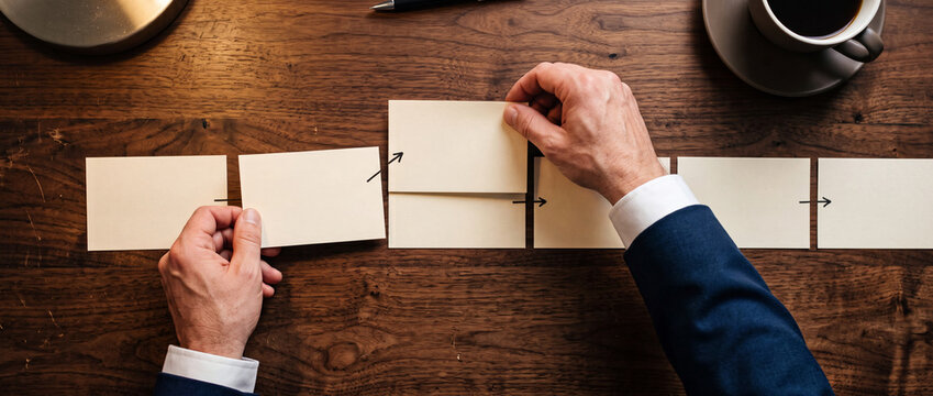 Business planning and workflow strategy with hands arranging process cards on wooden desk